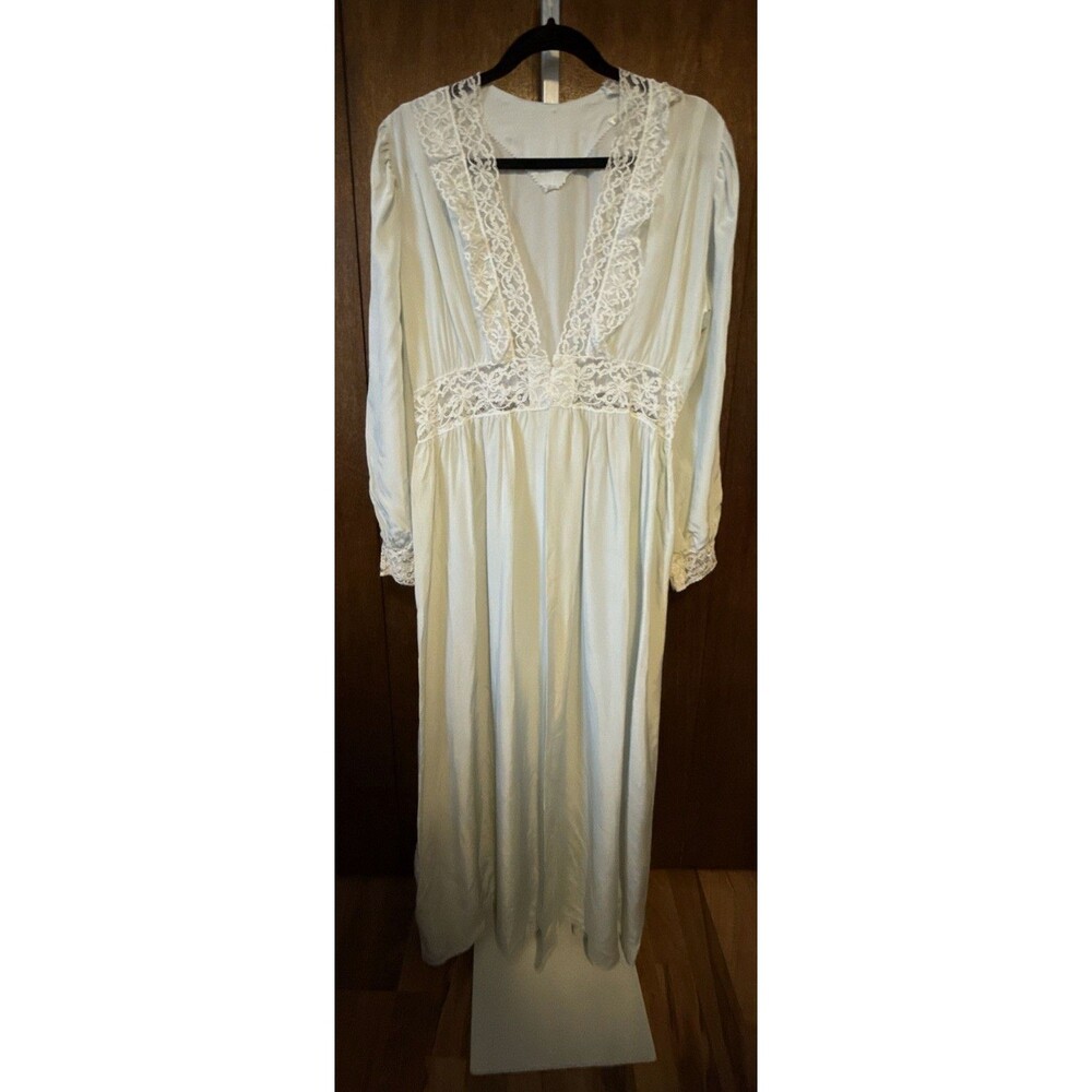 Vintage Home Sewn Pale Blue Long Sleeve Night Robe Maxi L Laced Sexy See Measure